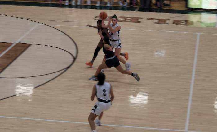 Elyria Catholic's Isabelle Niederst passes off to a teammate during Frdiay's win over Bishop hartley. Photo credit: Ryan Isley, SBLive Sports